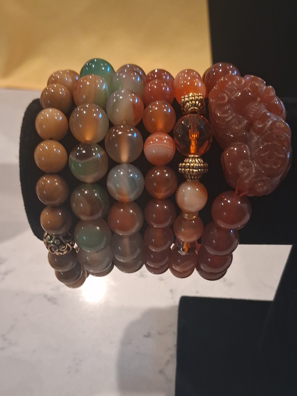 6 Gemstone Bracelets 7" Agate, Carnelian, Etc.